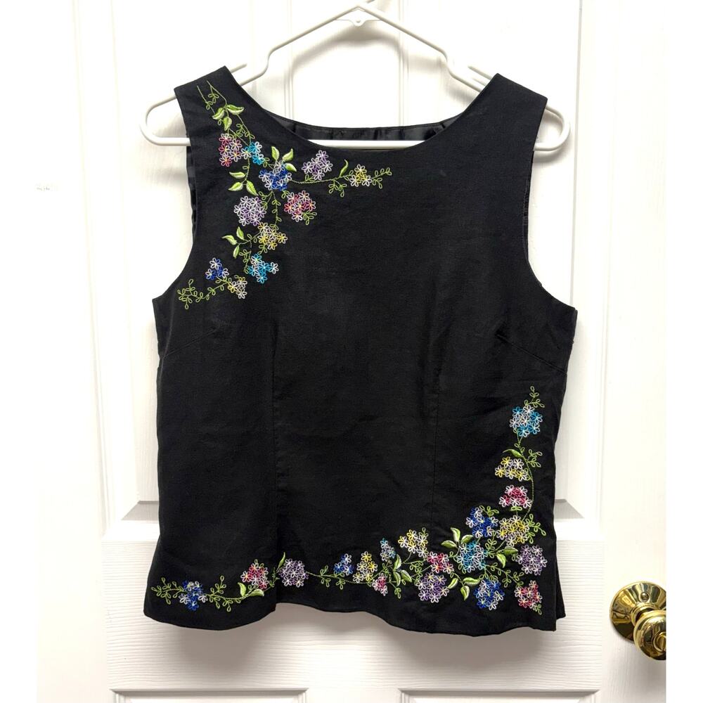 Studio C Blouse Embroidered Linen Womens 12 Black Floral Lined Sleeveless Top